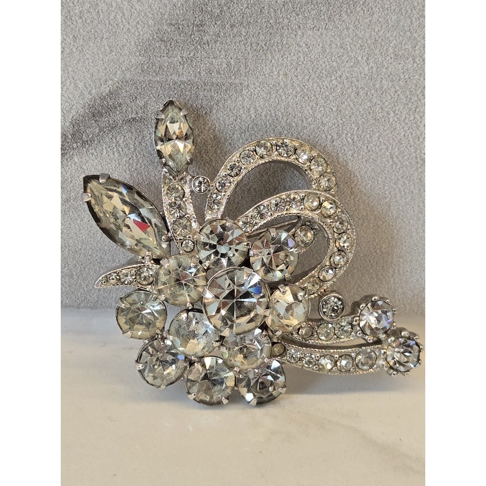Vintage Signed Eisenberg Ice Crystal Clear Rhinestone Brooch Pin Statement